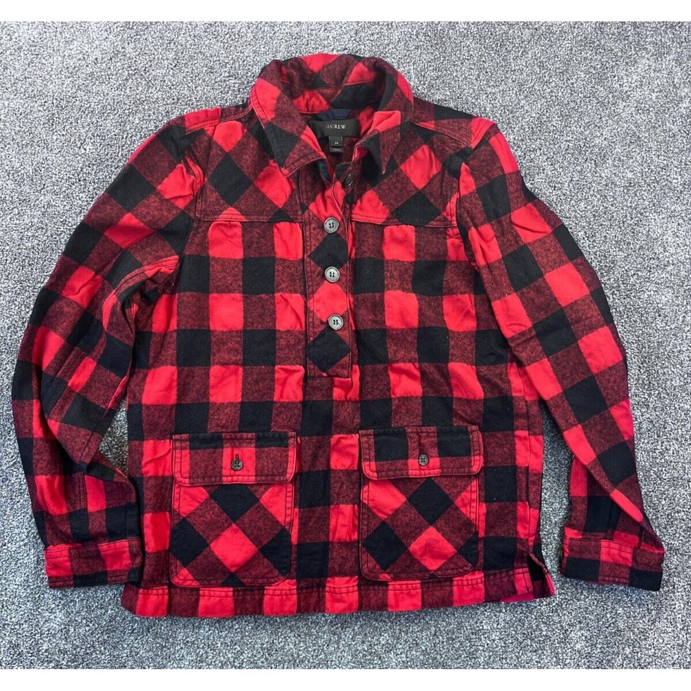 J. Crew Top Womens Sz XS Buffalo Plaid Shirt Jacket Popover Wool Blend Red Black